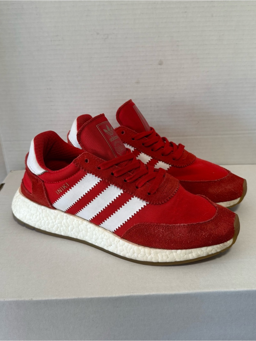 Adidas Iniki Runner Shoes Mens Size 8.5 Red Suede Boost Low Top Sneakers BB2091